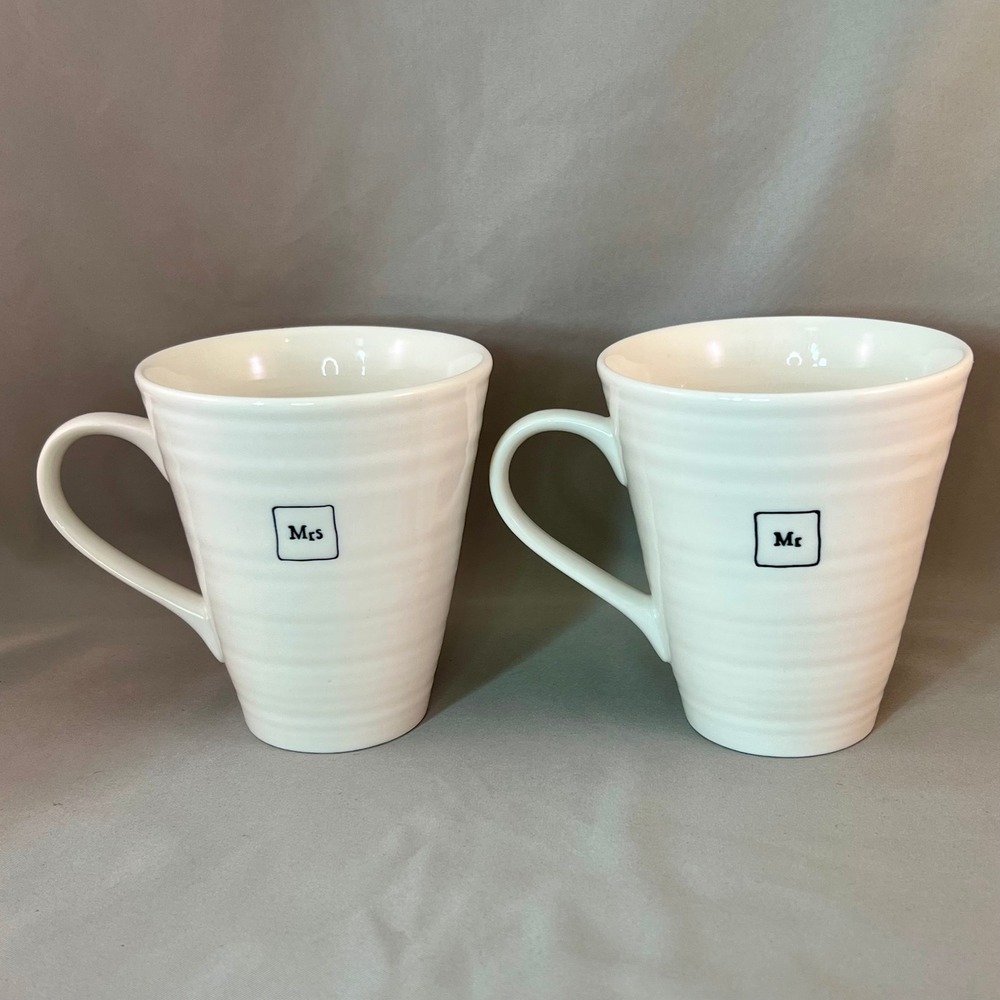 East of India Mr & Mrs Mug Set Cream White Ribbed Porcelain Good Condition